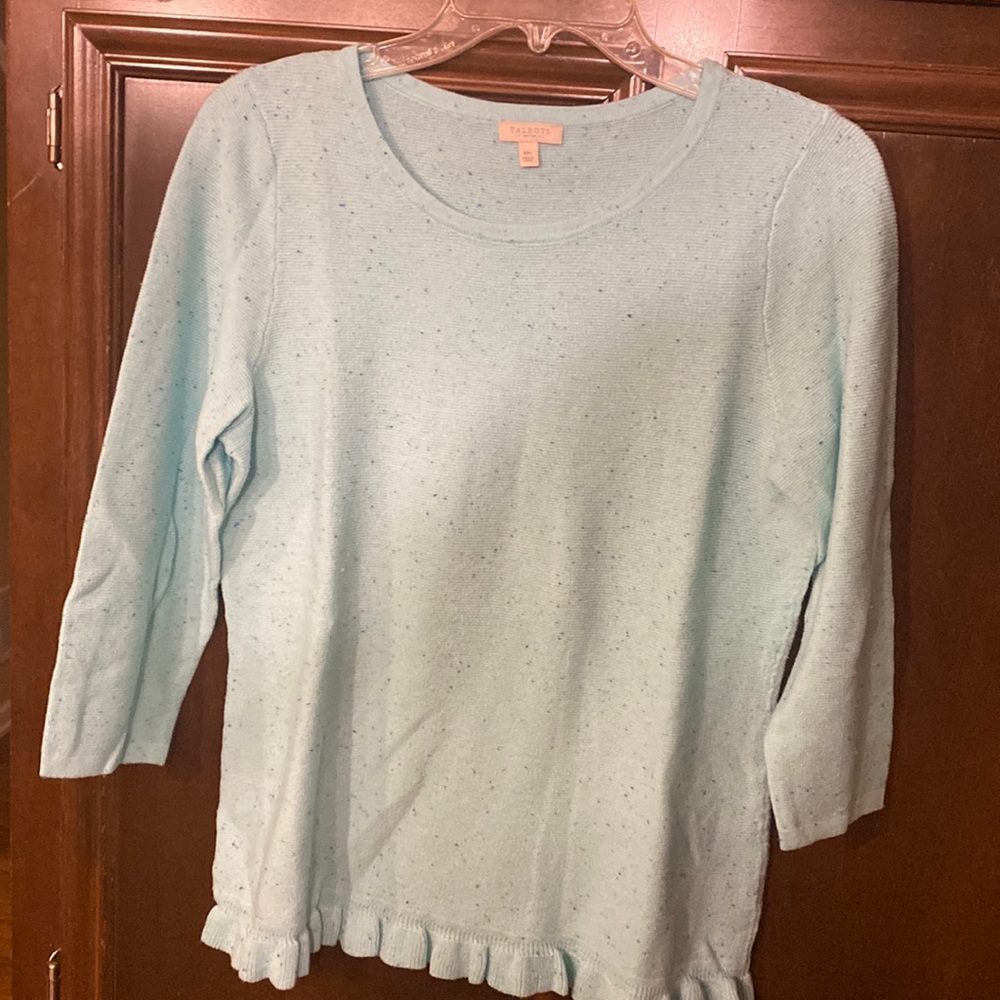 Talbots Sea salt blue 3/4 sleeve lite weight sweater with small ruffle peplum